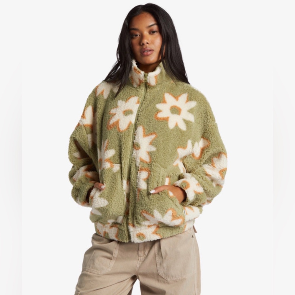 Billabong Olive Floral Teddy Jacket with Cream & Tan Accents